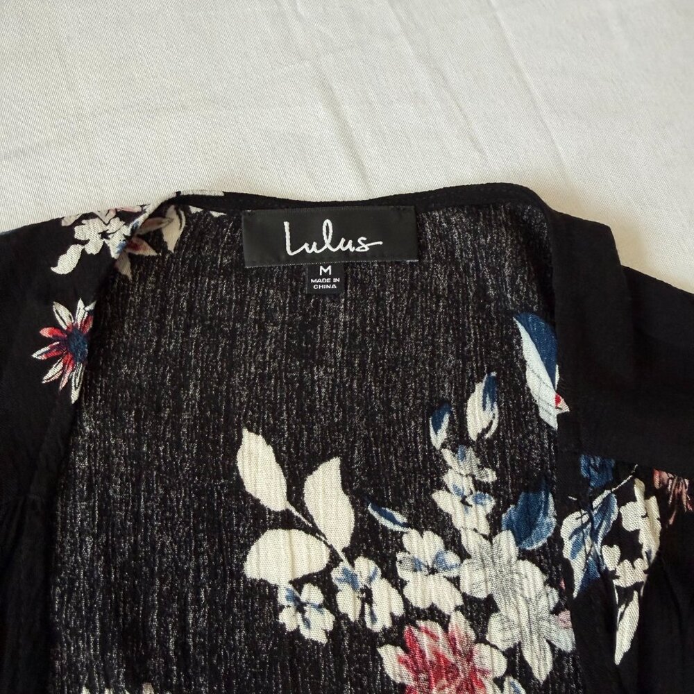 Lulus Black Pink Floral Print Tassel Tie Wrap Dress Medium - Picture 3 of 7